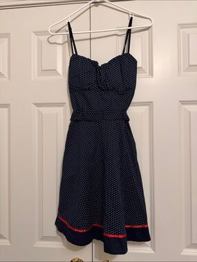 Navy Polka Dot A-Line Sundress with Red Trim